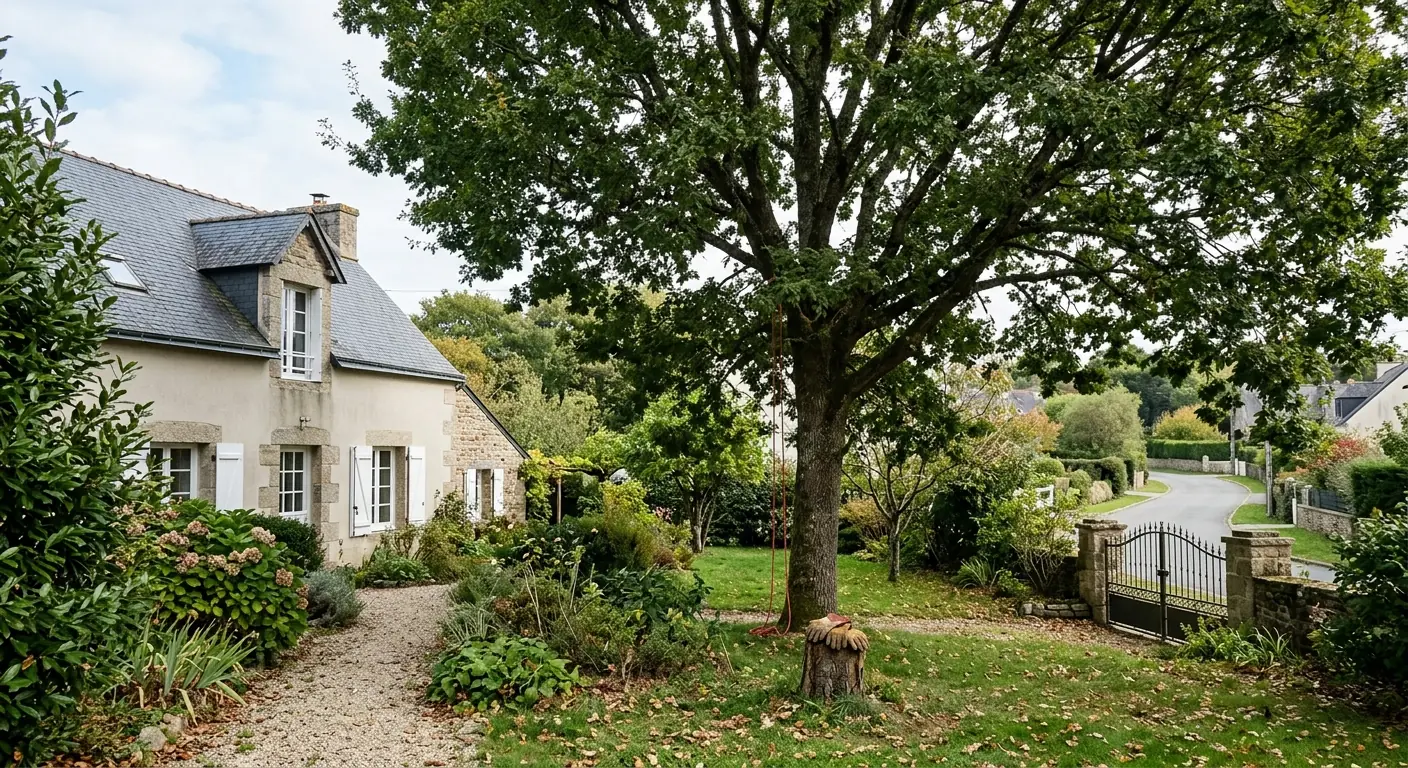 Pin maritime frottant une toiture avant élagage à Vannes