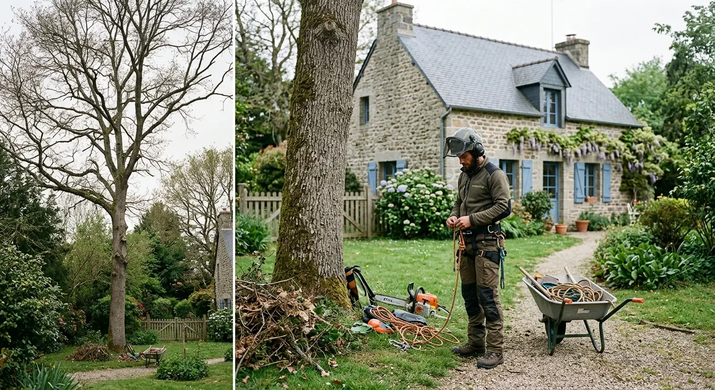 Pin surplombant une toiture avant intervention en hauteur à Vannes