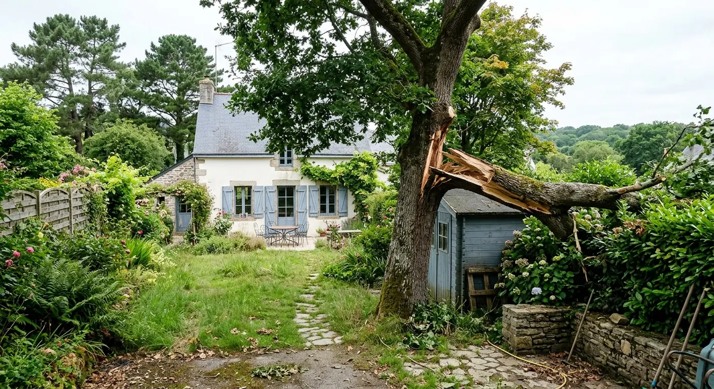 Arbre déraciné barrant une allée avant intervention à Vannes