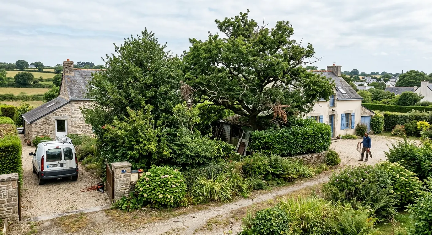 Souche de conifère bloquant un massif avant rognage à Arradon