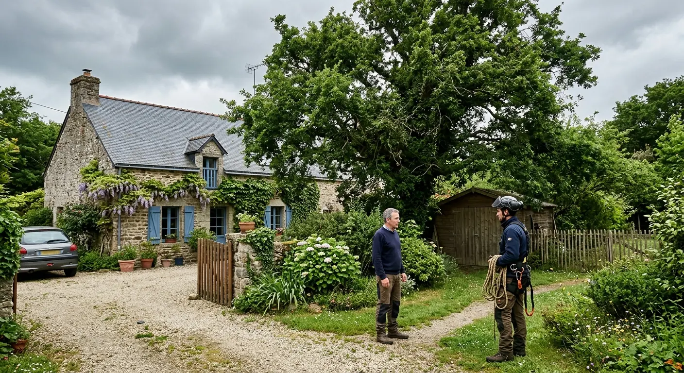Chêne assombrissant deux jardins avant éclaircissage à Plescop