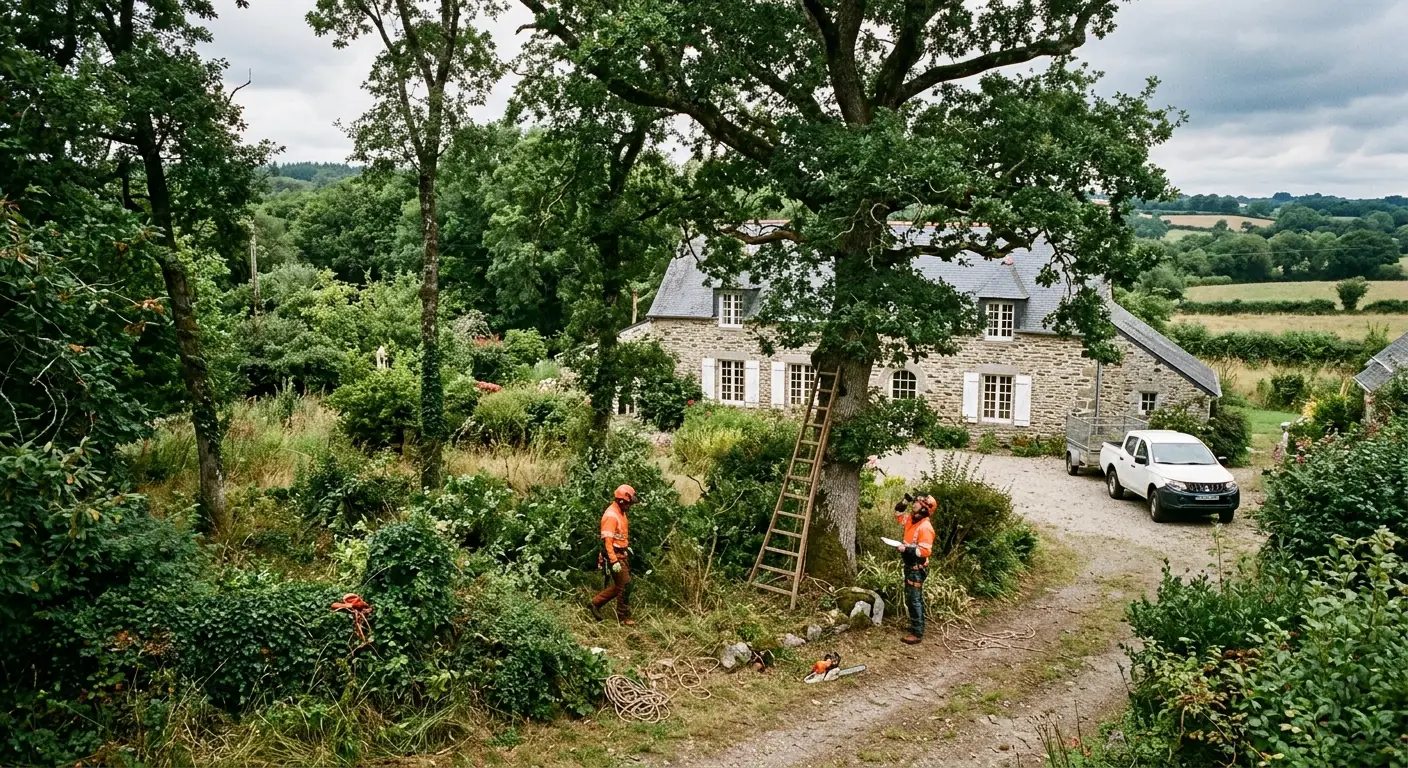 Cyprès de grande hauteur penché vers une maison avant démontage à Saint-Nolff